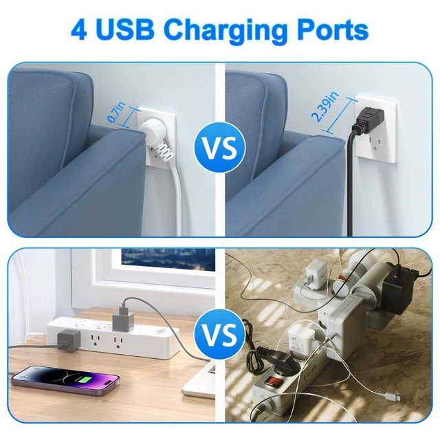 Alt view image 5 of 7 - 6-Outlet Power Strip with 4 USB Ports (2 USB-C), 6Ft Extension Cord, Individual Switches, 1250W/10A Desk Power Strip with Overload Protection for Home Office, Dorm, Bedroom, White