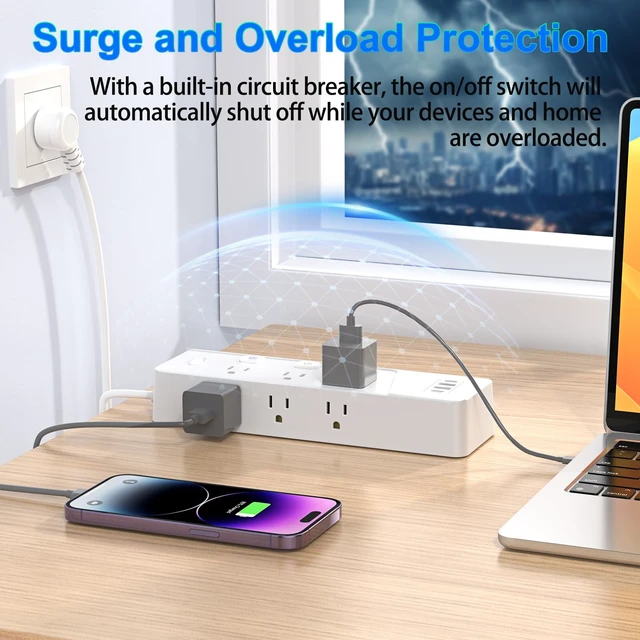 Alt view image 6 of 7 - 6-Outlet Power Strip with 4 USB Ports (2 USB-C), 6Ft Extension Cord, Individual Switches, 1250W/10A Desk Power Strip with Overload Protection for Home Office, Dorm, Bedroom, White