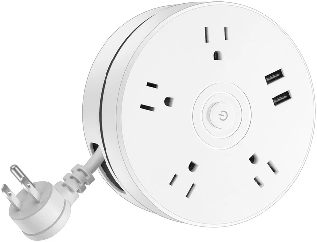 Main image of Retractable Power Strip with 6ft Extension Cord, 4 Outlets + 2 USB Ports - Portable for Travel, Home, and Office (White)