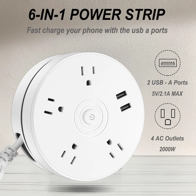 Alt view image 4 of 7 - Retractable Power Strip with 6ft Extension Cord, 4 Outlets + 2 USB Ports - Portable for Travel, Home, and Office (White)