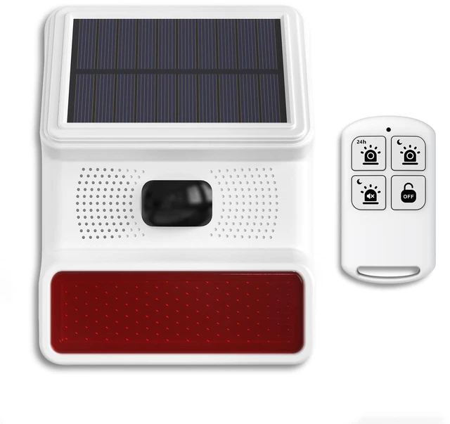 Main image of Solar Motion Alarm,Outdoor Siren Detector with Flashing Light,IP65 Waterproof,Remote Control,11 Sound Switching Options,120dB Loud Noise Maker for Home,Farm,Yard,Garden,Fish Pond,Driveway