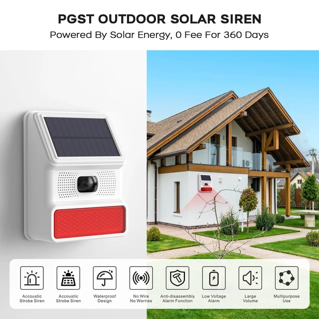 Alt view image 2 of 7 - Solar Motion Alarm,Outdoor Siren Detector with Flashing Light,IP65 Waterproof,Remote Control,11 Sound Switching Options,120dB Loud Noise Maker for Home,Farm,Yard,Garden,Fish Pond,Driveway