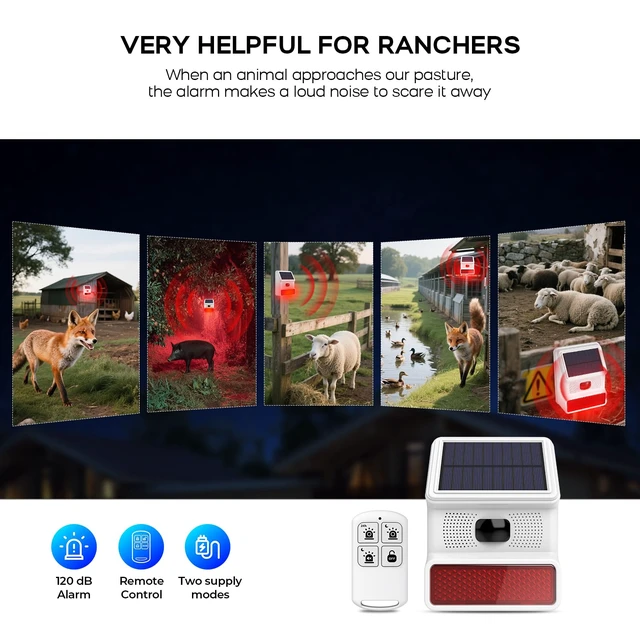 Alt view image 3 of 7 - Solar Motion Alarm,Outdoor Siren Detector with Flashing Light,IP65 Waterproof,Remote Control,11 Sound Switching Options,120dB Loud Noise Maker for Home,Farm,Yard,Garden,Fish Pond,Driveway