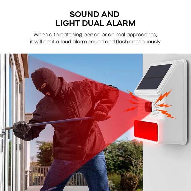 Alt view image 5 of 7 - Solar Motion Alarm,Outdoor Siren Detector with Flashing Light,IP65 Waterproof,Remote Control,11 Sound Switching Options,120dB Loud Noise Maker for Home,Farm,Yard,Garden,Fish Pond,Driveway