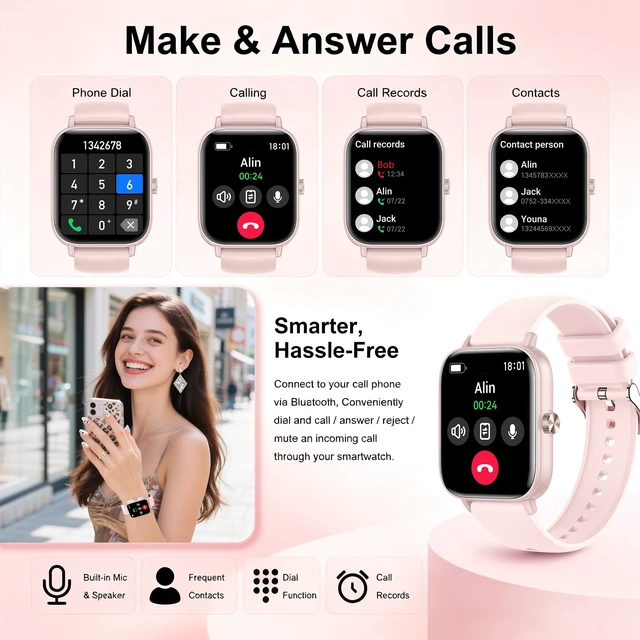 Alt view image 3 of 7 - 1.85" Smart Watch for Women - Bluetooth Call, Fitness Watch DIY Dial(Pink) Heart Rate, Sleep Monitor, Pedometer, 120+Sports, DIY Watch Faces, IP68 Waterproof, Android/iOS Compatible Female Function