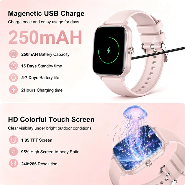Alt view image 7 of 7 - 1.85" Smart Watch for Women - Bluetooth Call, Fitness Watch DIY Dial(Pink) Heart Rate, Sleep Monitor, Pedometer, 120+Sports, DIY Watch Faces, IP68 Waterproof, Android/iOS Compatible Female Function