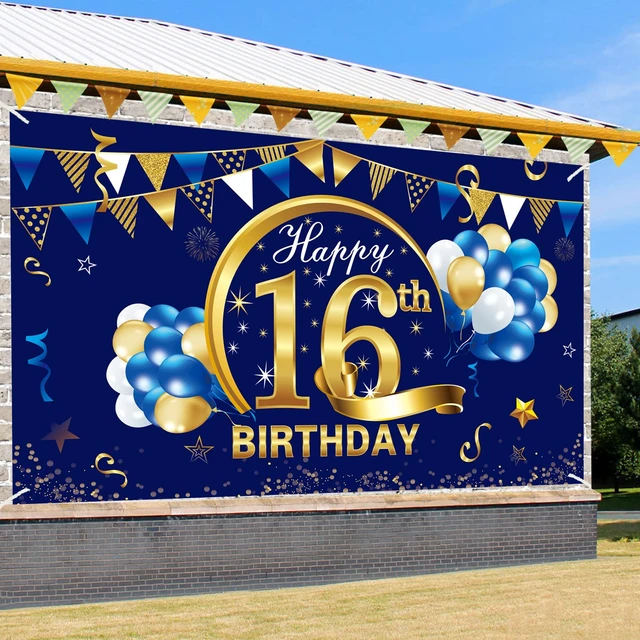 Alt view image 3 of 6 - 16th Birthday Decorations for Boys, Happy 16th Bday Banner Poster Happy 16th Birthday Backdrop Party Supplies, Photo Background for Celebration, Blue Gold Design