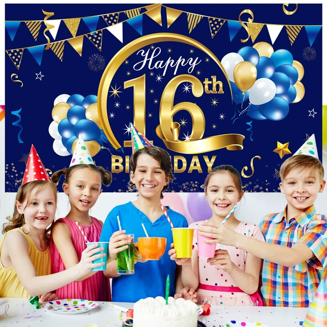 Alt view image 5 of 6 - 16th Birthday Decorations for Boys, Happy 16th Bday Banner Poster Happy 16th Birthday Backdrop Party Supplies, Photo Background for Celebration, Blue Gold Design