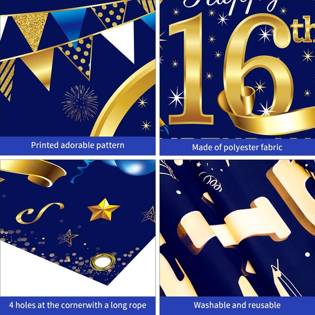 Alt view image 6 of 6 - 16th Birthday Decorations for Boys, Happy 16th Bday Banner Poster Happy 16th Birthday Backdrop Party Supplies, Photo Background for Celebration, Blue Gold Design