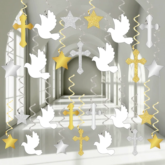 Main image of 60 Pcs First Communion Hanging Swirls God Bless Baptism Decorations Gold and White Peace Pigeon Cross Swirls for Spring Wedding Bridal Baby Shower Birthday Religious Christian Tea Party Decorations