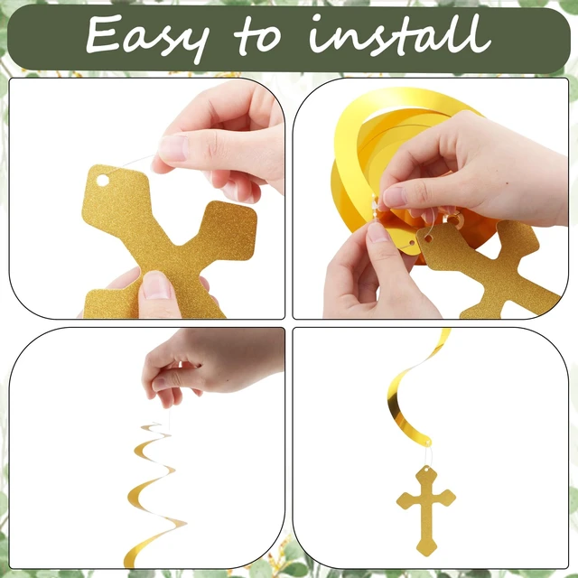 Alt view image 3 of 7 - 60 Pcs First Communion Hanging Swirls God Bless Baptism Decorations Gold and White Peace Pigeon Cross Swirls for Spring Wedding Bridal Baby Shower Birthday Religious Christian Tea Party Decorations