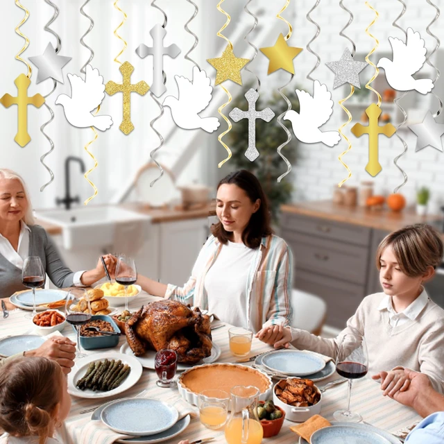 Alt view image 5 of 7 - 60 Pcs First Communion Hanging Swirls God Bless Baptism Decorations Gold and White Peace Pigeon Cross Swirls for Spring Wedding Bridal Baby Shower Birthday Religious Christian Tea Party Decorations