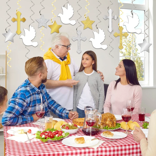 Alt view image 7 of 7 - 60 Pcs First Communion Hanging Swirls God Bless Baptism Decorations Gold and White Peace Pigeon Cross Swirls for Spring Wedding Bridal Baby Shower Birthday Religious Christian Tea Party Decorations