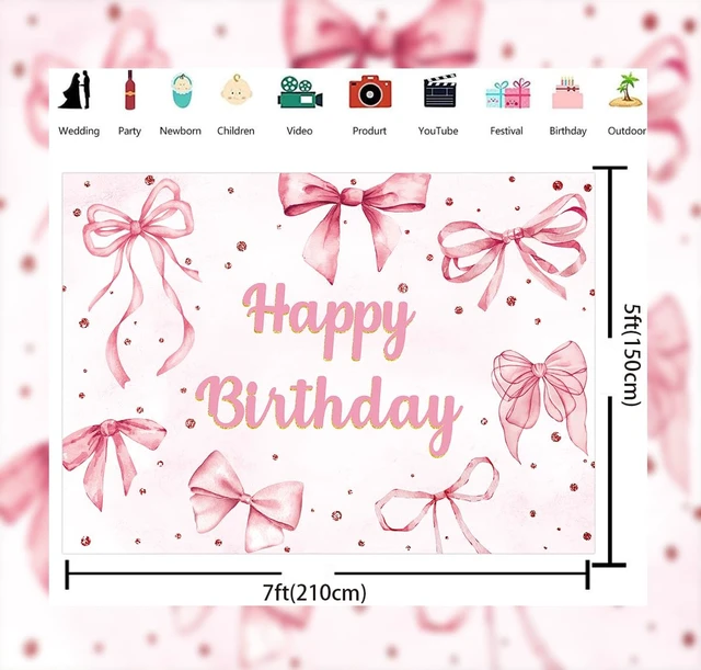 Alt view image 2 of 7 - Pink Bow Happy Birthday Backdrop Coquette Birthday Party Photography Background for Girls Women Cute Bachelorette Party Baby Shower Decoration Banner (82x59 inch (7x5FT))