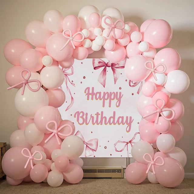 Alt view image 3 of 7 - Pink Bow Happy Birthday Backdrop Coquette Birthday Party Photography Background for Girls Women Cute Bachelorette Party Baby Shower Decoration Banner (82x59 inch (7x5FT))
