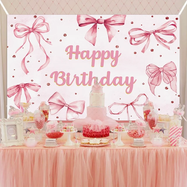 Alt view image 4 of 7 - Pink Bow Happy Birthday Backdrop Coquette Birthday Party Photography Background for Girls Women Cute Bachelorette Party Baby Shower Decoration Banner (82x59 inch (7x5FT))