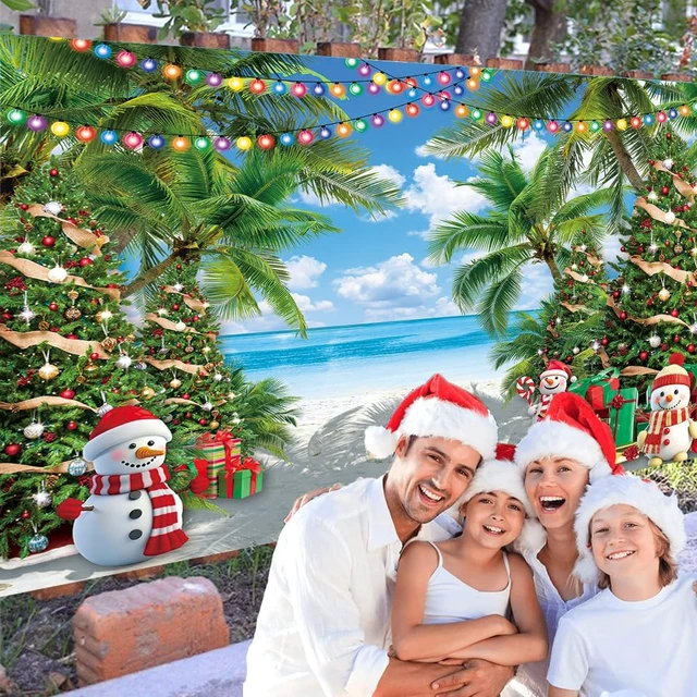 Alt view image 4 of 7 - July Christmas Backdrop Summer Beach Palm Christmas Tree Snowman Photography Background Tropical Hawaiian Xmas Family Birthday Holiday Party Decorations Banner Photo Props (8x6FT)