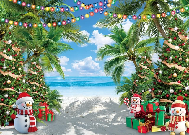 Alt view image 2 of 7 - July Christmas Backdrop Summer Beach Palm Christmas Tree Snowman Photography Background Tropical Hawaiian Xmas Family Birthday Holiday Party Decorations Banner Photo Props (8x6FT)