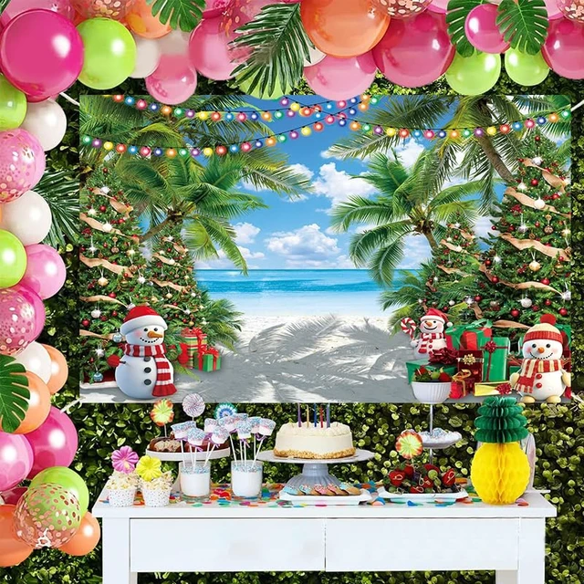 Alt view image 3 of 7 - July Christmas Backdrop Summer Beach Palm Christmas Tree Snowman Photography Background Tropical Hawaiian Xmas Family Birthday Holiday Party Decorations Banner Photo Props (8x6FT)