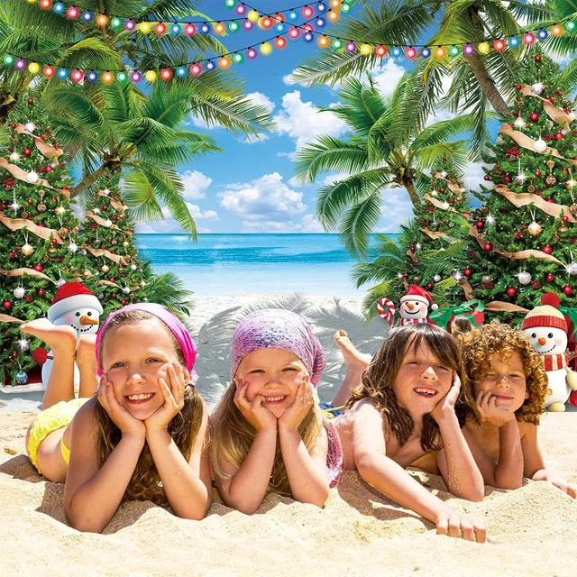Alt view image 6 of 7 - July Christmas Backdrop Summer Beach Palm Christmas Tree Snowman Photography Background Tropical Hawaiian Xmas Family Birthday Holiday Party Decorations Banner Photo Props (8x6FT)