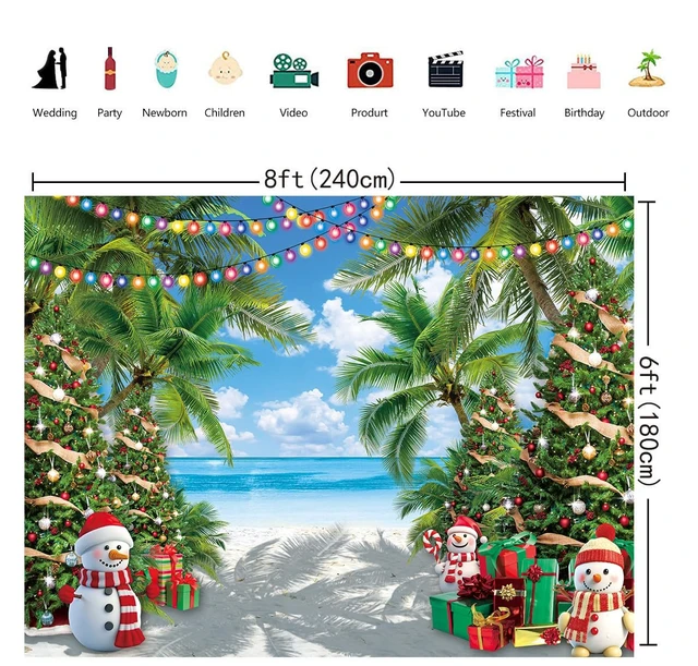 Alt view image 7 of 7 - July Christmas Backdrop Summer Beach Palm Christmas Tree Snowman Photography Background Tropical Hawaiian Xmas Family Birthday Holiday Party Decorations Banner Photo Props (8x6FT)