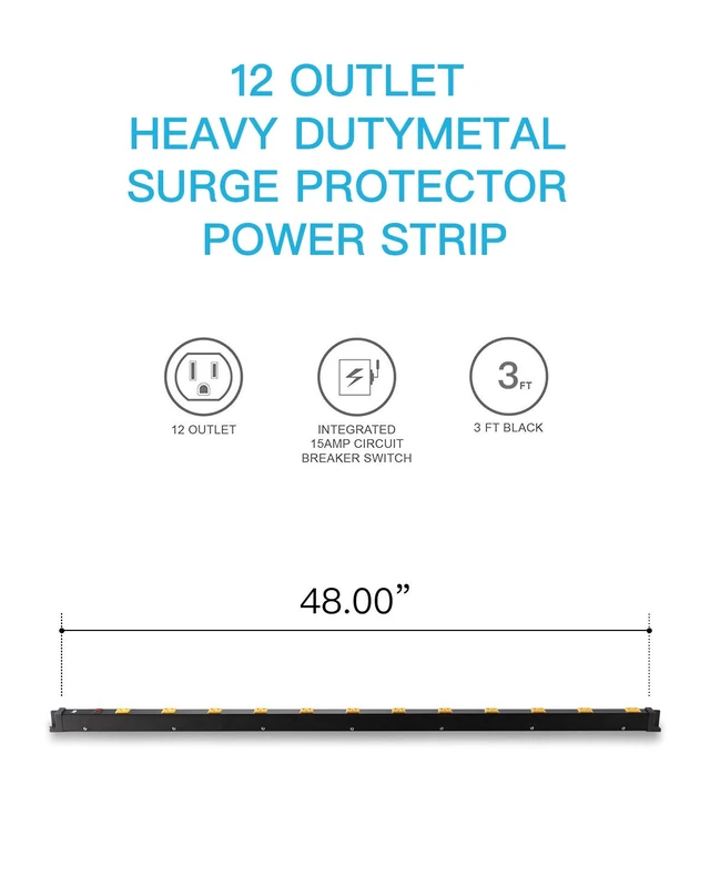 Alt view image 2 of 6 - 12 Outlet Heavy Duty Workshop Metal Power Strip with 3-Foot Long Extension Cord with Circuit Breaker, for Workshop and Industrial use, ETL Certified,Black