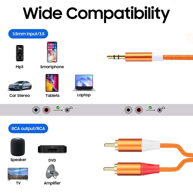 Alt view image 3 of 7 - 3.5mm to RCA Cable,2 RCA to 3.5mm AUX Cable for HiFi Systems, Speakers, MP3 Players, TVs, Computers, Smartphone, Home Theaters, Tablets, Amplifiers, Sound Bars, etc. 16.5ft/2 Pack