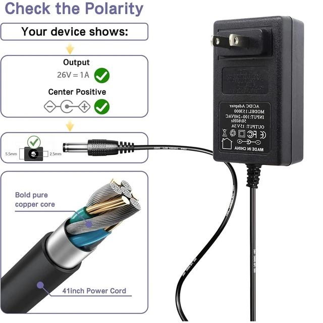 Alt view image 4 of 6 - 26V 1A Extra Long 6.6FT Power Supply Charger Cable (Input AC 100V-240V, Output DC 26 Volt 1 Amp 26 Watt) Adapter Transformer Converter DC 5.5mm x 2.1mm / 5.5mm x 2.5mm