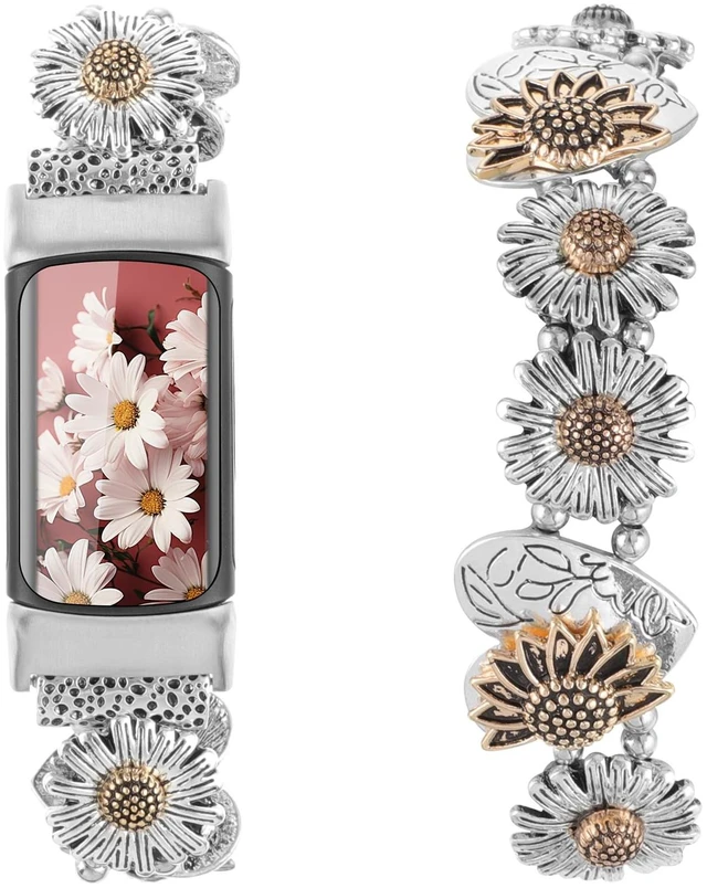 Alt view image 3 of 7 - Stretchy Metal Bracelet Bands Compatible with Fitbit Charge 5/ Charge 6 Band, Women Fancy Elastic Sunflower Heart Dressy Stainless Replacement Wristband Strap for Charge 5/ Charge 6 Fitness Tracker