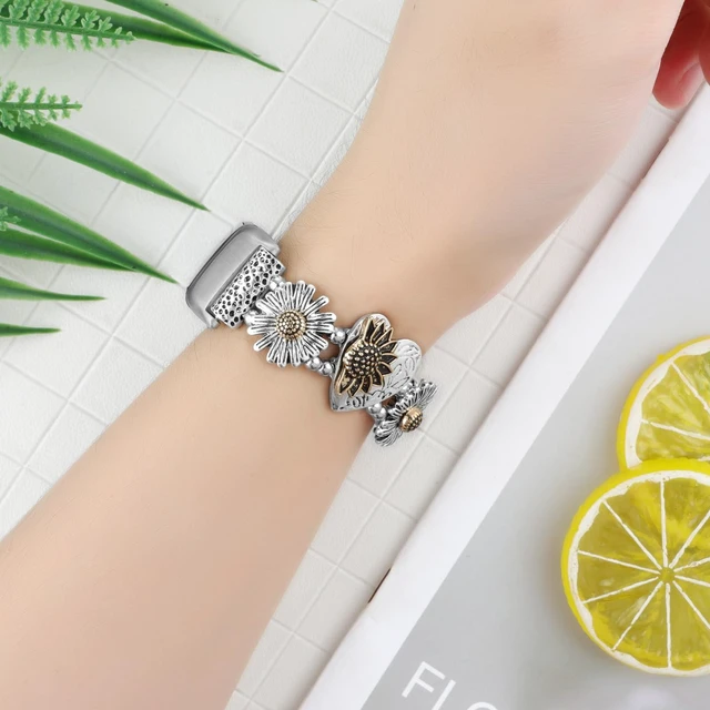 Alt view image 4 of 7 - Stretchy Metal Bracelet Bands Compatible with Fitbit Charge 5/ Charge 6 Band, Women Fancy Elastic Sunflower Heart Dressy Stainless Replacement Wristband Strap for Charge 5/ Charge 6 Fitness Tracker
