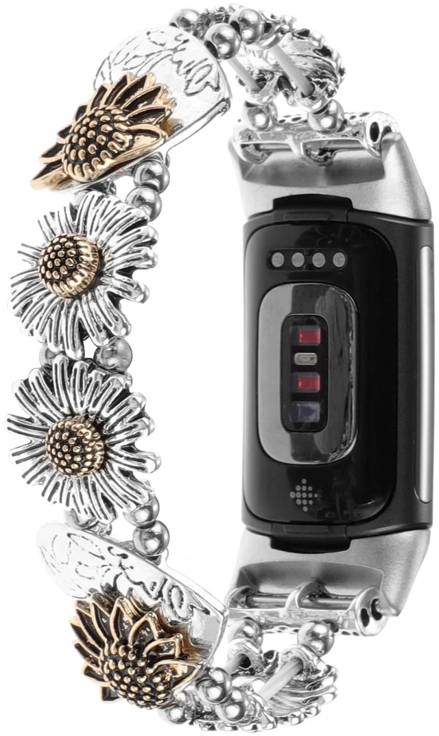 Alt view image 2 of 7 - Stretchy Metal Bracelet Bands Compatible with Fitbit Charge 5/ Charge 6 Band, Women Fancy Elastic Sunflower Heart Dressy Stainless Replacement Wristband Strap for Charge 5/ Charge 6 Fitness Tracker