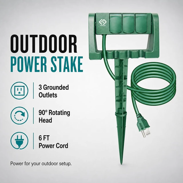 Alt view image 2 of 7 - Outdoor Power Stake, 3 Grounded Outlets with 90º Rotating Function and Safety Cover, 6FT Cord, UL Listed, Green