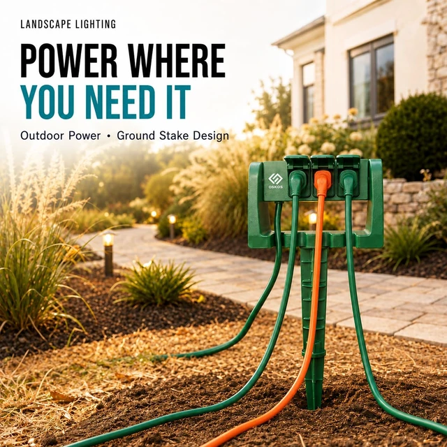 Alt view image 6 of 7 - Outdoor Power Stake, 3 Grounded Outlets with 90º Rotating Function and Safety Cover, 6FT Cord, UL Listed, Green