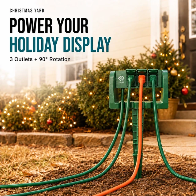 Alt view image 7 of 7 - Outdoor Power Stake, 3 Grounded Outlets with 90º Rotating Function and Safety Cover, 6FT Cord, UL Listed, Green
