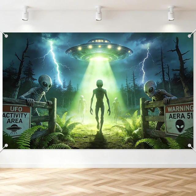 Main image of UFO Alien Backdrop Alien Party Decorations Banner 6 x 3.6 ft Polyester Fabric, Alien Flying Saucer Photography Background Spacecraft Science Fiction Theme Party Supplies for Boys