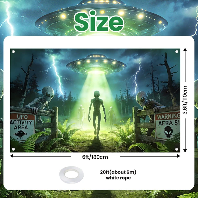 Alt view image 2 of 7 - UFO Alien Backdrop Alien Party Decorations Banner 6 x 3.6 ft Polyester Fabric, Alien Flying Saucer Photography Background Spacecraft Science Fiction Theme Party Supplies for Boys