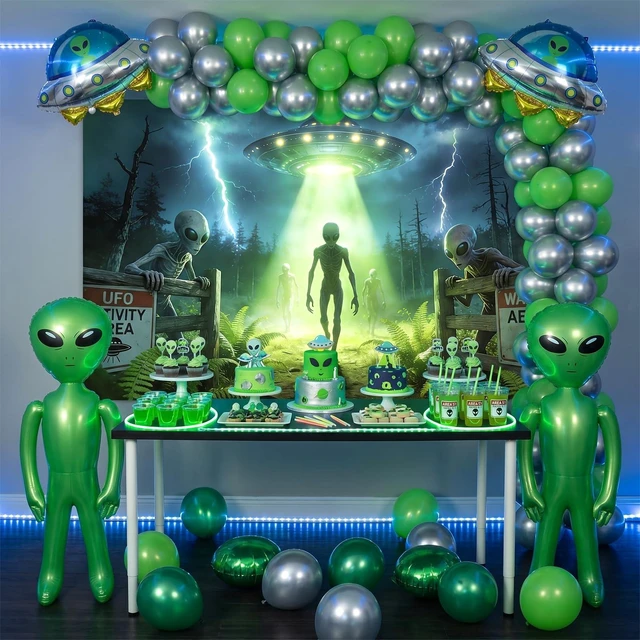Alt view image 3 of 7 - UFO Alien Backdrop Alien Party Decorations Banner 6 x 3.6 ft Polyester Fabric, Alien Flying Saucer Photography Background Spacecraft Science Fiction Theme Party Supplies for Boys