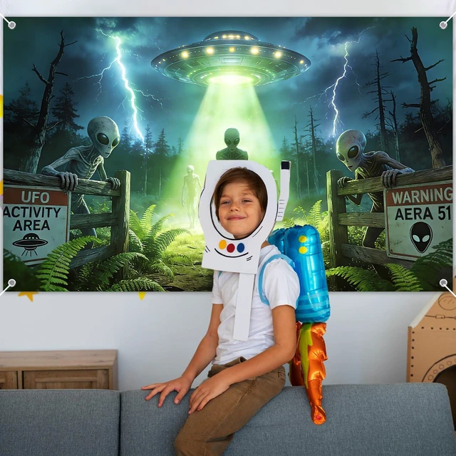 Alt view image 4 of 7 - UFO Alien Backdrop Alien Party Decorations Banner 6 x 3.6 ft Polyester Fabric, Alien Flying Saucer Photography Background Spacecraft Science Fiction Theme Party Supplies for Boys