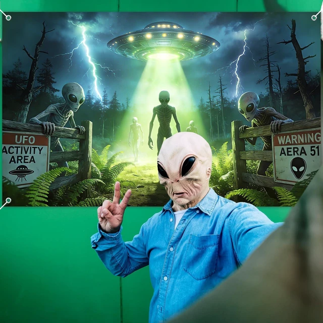 Alt view image 5 of 7 - UFO Alien Backdrop Alien Party Decorations Banner 6 x 3.6 ft Polyester Fabric, Alien Flying Saucer Photography Background Spacecraft Science Fiction Theme Party Supplies for Boys