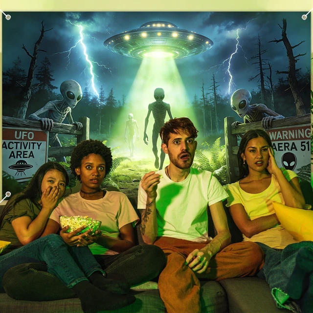 Alt view image 6 of 7 - UFO Alien Backdrop Alien Party Decorations Banner 6 x 3.6 ft Polyester Fabric, Alien Flying Saucer Photography Background Spacecraft Science Fiction Theme Party Supplies for Boys