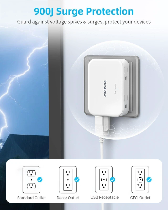 Alt view image 7 of 7 - Outlet Extender, 360° Rotating Flat Wall Plug Adapter 4 AC Multi Plug Wall Outlets, 900J, Small Power Strip for Home Apartment Dorm Travel Essentials, 2 Pack-8 AC