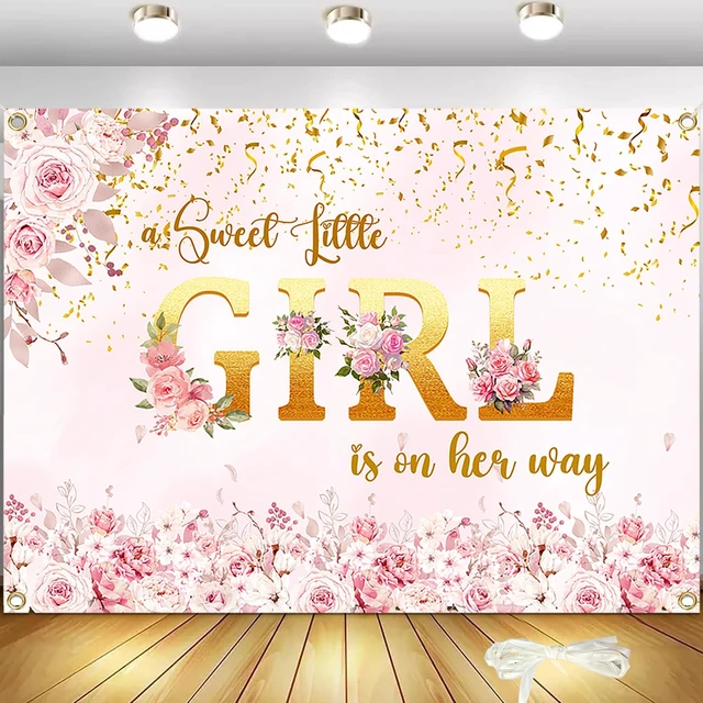 Main image of A Sweet Little Girl is on Her Way Backdrop 10x6.5FT Pink Floral Baby Shower Banner with 19.68FT Ribbon, Double-Stitched Edges & 4 Brass Grommets, Reusable Girl Party Decorations & Photo Booth Props