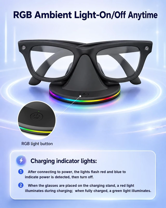 Alt view image 6 of 7 - Charging Dock for Ray-Ban Meta & Oakley Meta HSTN Smart Glasses 7-color RGB ambient light separate LED indicator USB-C fast charging slim design for bedroom office and travel use
