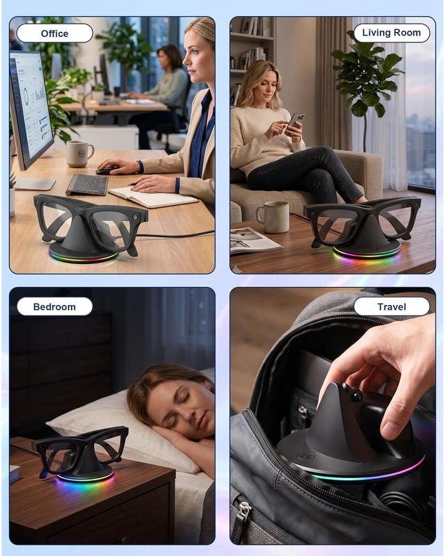 Alt view image 7 of 7 - Charging Dock for Ray-Ban Meta & Oakley Meta HSTN Smart Glasses 7-color RGB ambient light separate LED indicator USB-C fast charging slim design for bedroom office and travel use