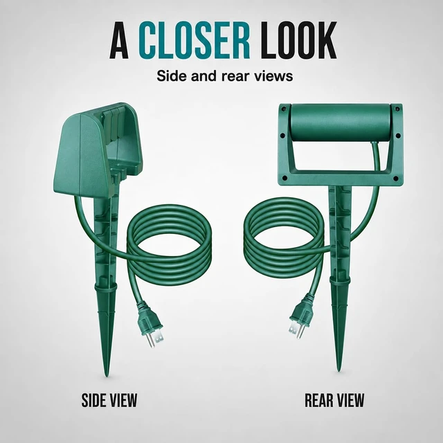Alt view image 4 of 7 - Outdoor Power Stake, 3 Grounded Outlets with 90º Rotating Function and Safety Cover, 6FT Cord, UL Listed, Green