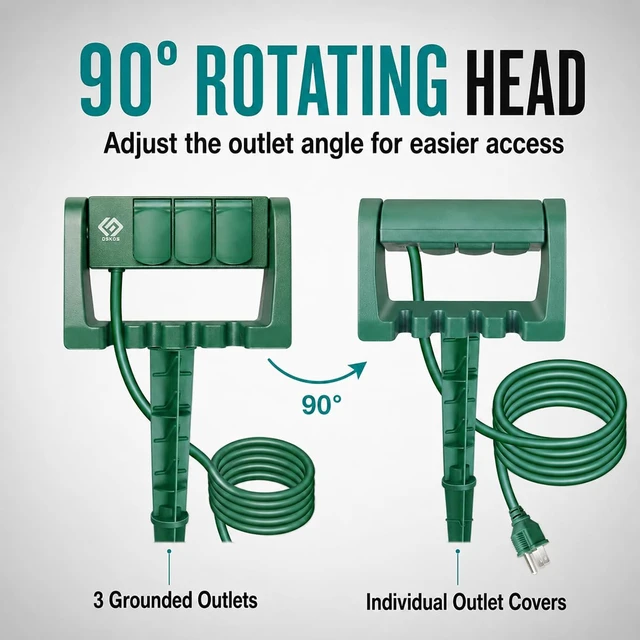 Alt view image 3 of 7 - Outdoor Power Stake, 3 Grounded Outlets with 90º Rotating Function and Safety Cover, 6FT Cord, UL Listed, Green