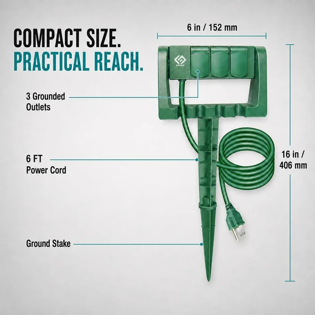 Alt view image 5 of 7 - Outdoor Power Stake, 3 Grounded Outlets with 90º Rotating Function and Safety Cover, 6FT Cord, UL Listed, Green