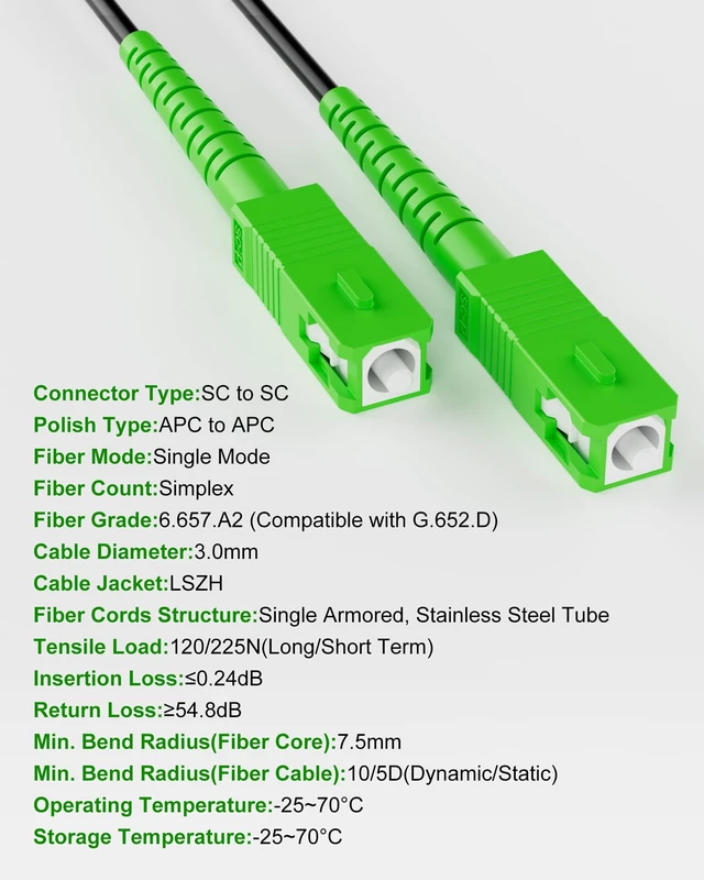 Alt view image 7 of 7 - SC/APC Fiber Optic Internet Cable OS2 Outdoor Armored 70M/230FT LSZH, SC/APC to SC/APC Fiber Patch Cable, SC to SC Singlemode, 9/125µm Simplex SMF Jumper for FTTH/FTTP ONT with 2 Couplers