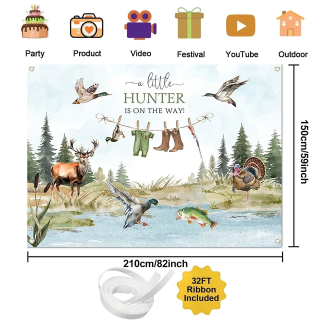 Alt view image 2 of 7 - Duck Hunting Baby Shower Banner Mallard Duck Hunter Clothes Baby Shower Photography Backdrop A Little Hunter is On The Way Party Decorations Photo Booth Props (7x5ft)