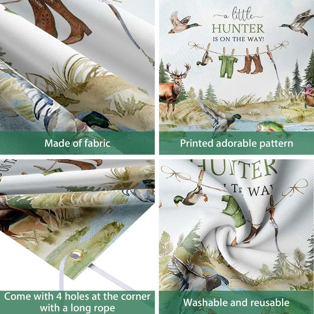Alt view image 3 of 7 - Duck Hunting Baby Shower Banner Mallard Duck Hunter Clothes Baby Shower Photography Backdrop A Little Hunter is On The Way Party Decorations Photo Booth Props (7x5ft)